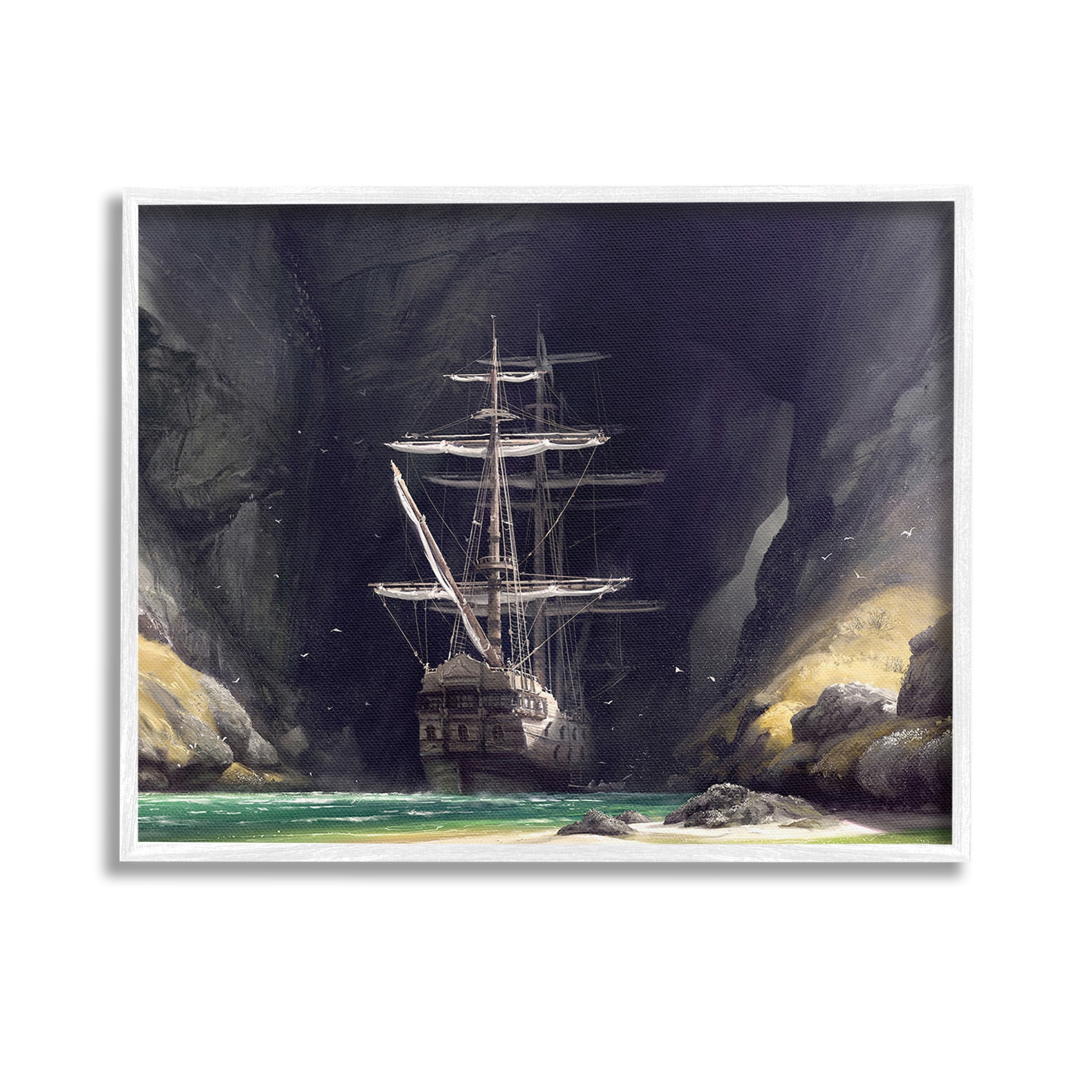 Stupell Industries Mysterious Ship in Cave Transportation Painting White Framed Art Print Wall Art, 14 x 11