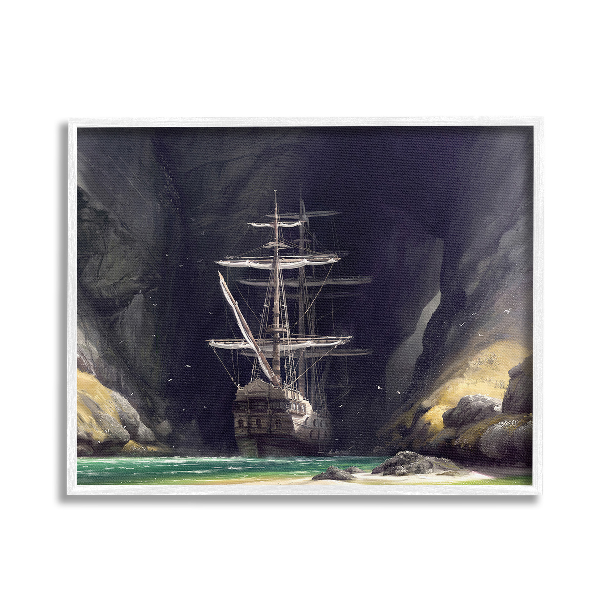 Stupell Industries Mysterious Ship in Cave Transportation Painting White Framed Art Print Wall Art, 30 x 24