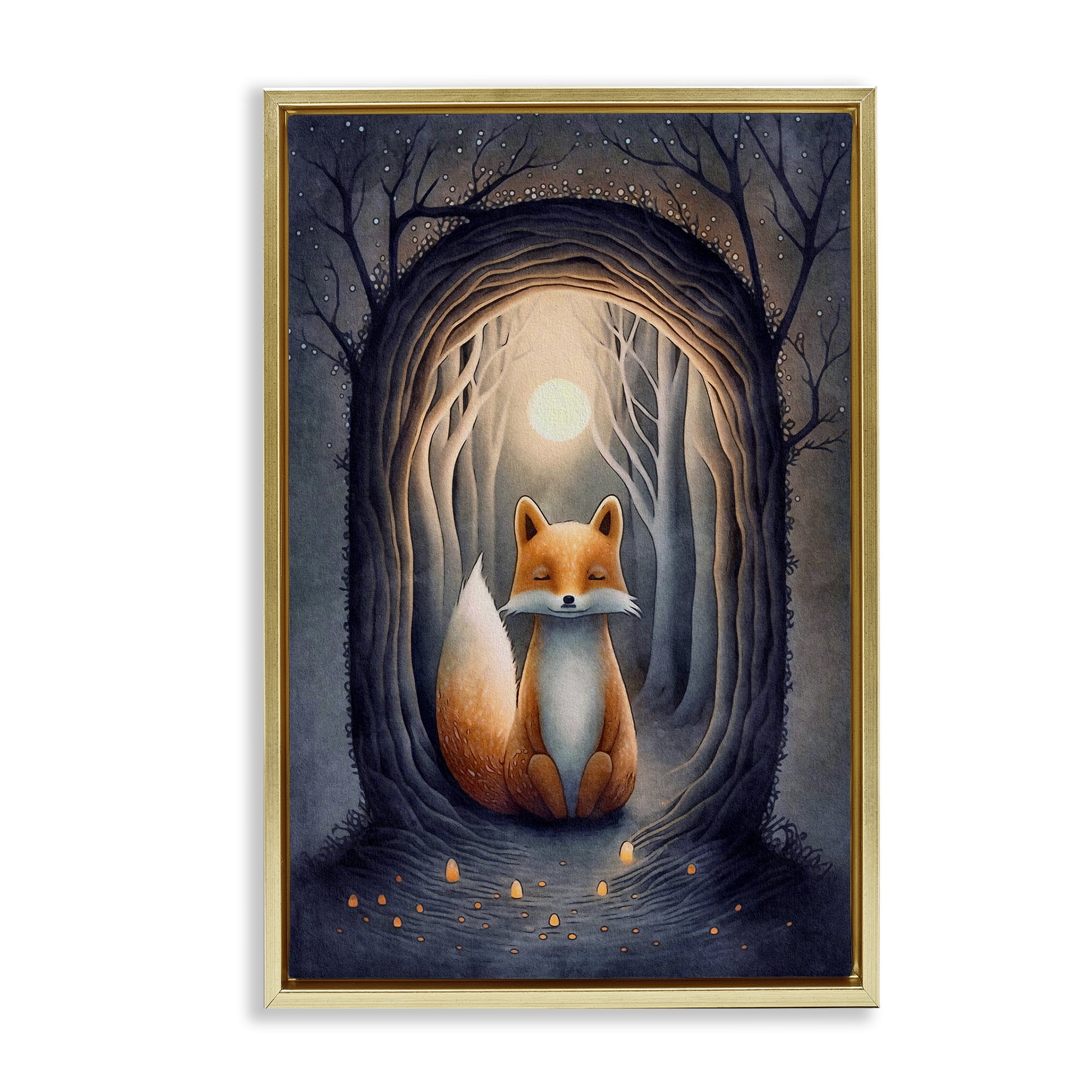 Stupell Industries Mystic Fox in Nature Landscape Painting Gold Floater Framed Art Print Wall Art, 21 x 31