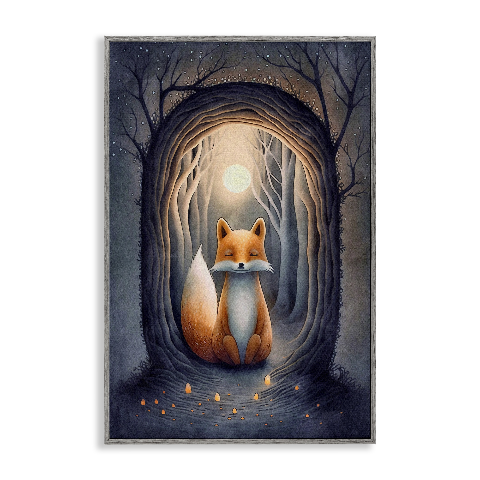 Stupell Industries Mystic Fox in Nature Landscape Painting Gray Framed Art Print Wall Art, 12 x 18
