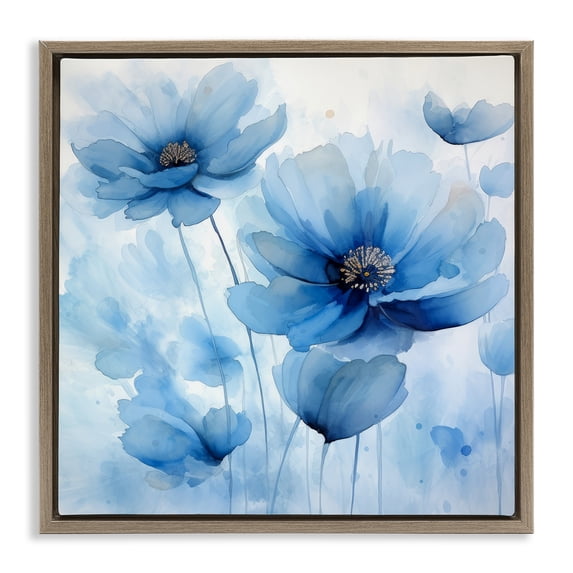 Stupell Industries Mystical Blue Poppies Plants & Flowers Painting Brown Floater Framed Canvas Art Print Wall Art, 18 x 18