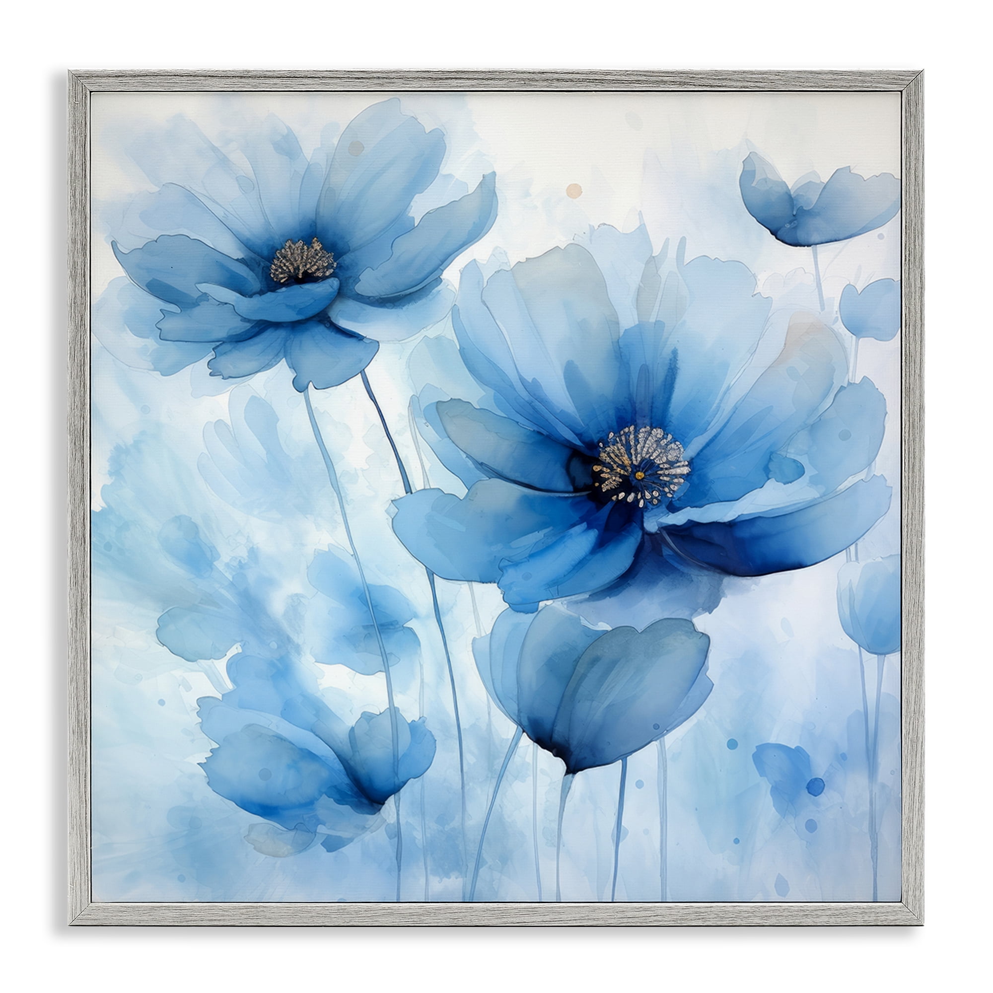 Stupell Industries Mystical Blue Poppies Plants & Flowers Painting Gray Framed Art Print Wall Art, 24 x 24