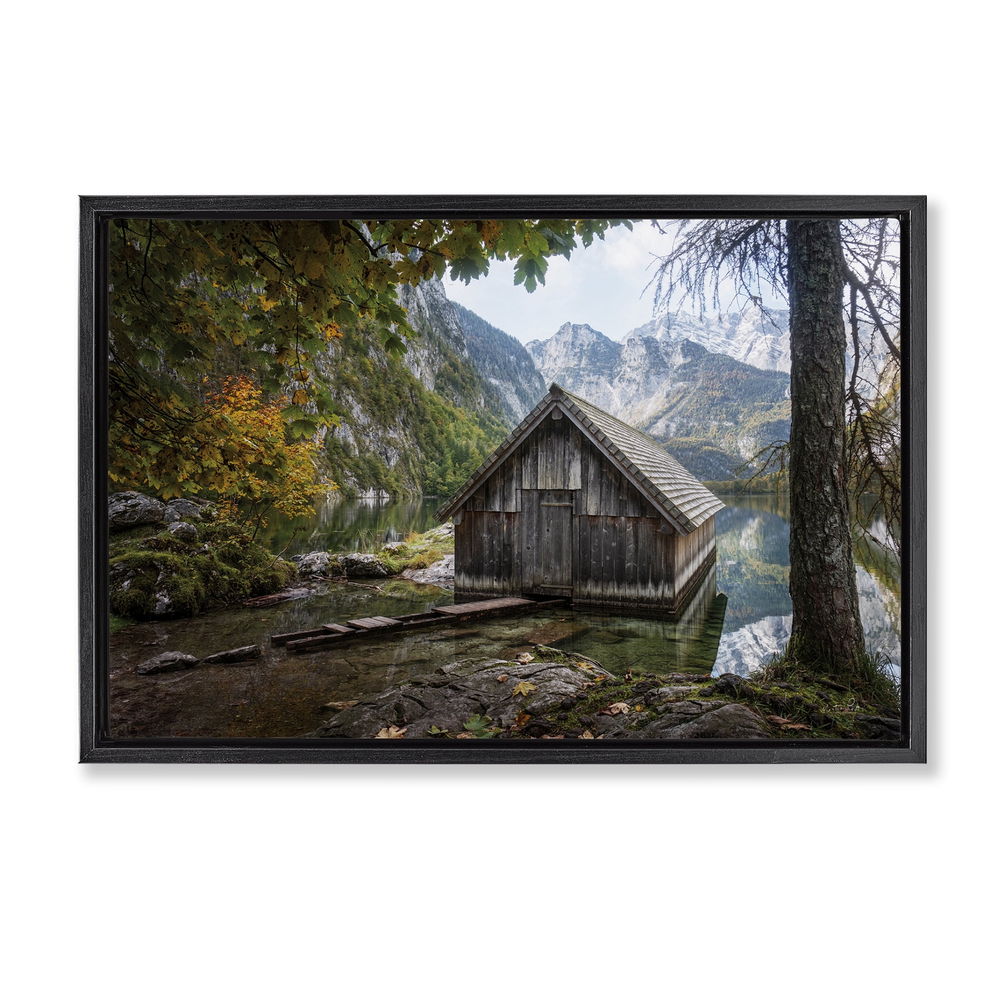 Stupell Industries Mystical Cabin on Lake Landscape & Nature Photography Black Floater Framed Canvas Art Print Wall Art, 31 x 21