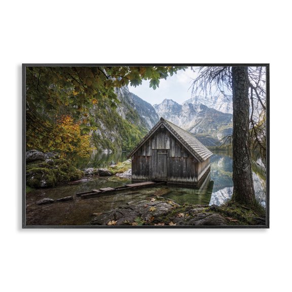Stupell Industries Mystical Cabin on Lake Landscape & Nature Photography Black Framed Art Print Wall Art, 24 x 16