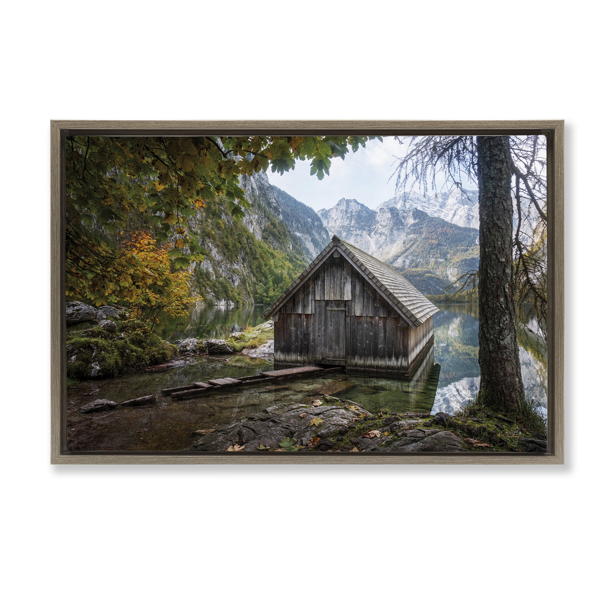 Stupell Industries Mystical Cabin on Lake Landscape & Nature Photography Brown Floater Framed Canvas Art Print Wall Art, 31 x 21