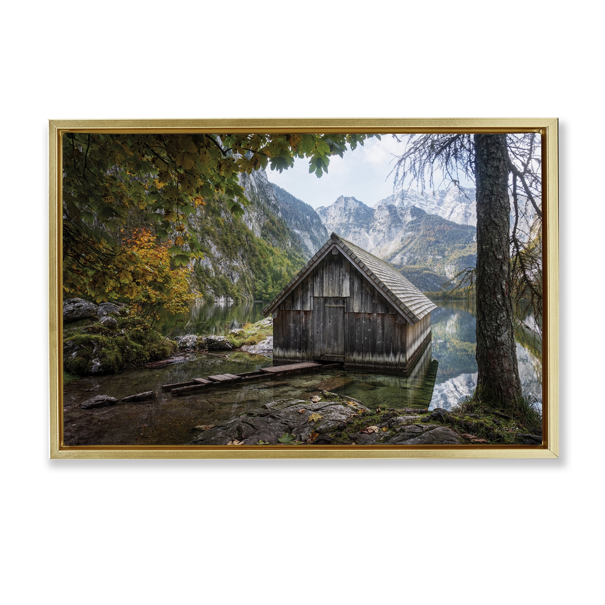 Stupell Industries Mystical Cabin on Lake Landscape & Nature Photography Gold Floater Framed Canvas Art Print Wall Art, 25 x 17
