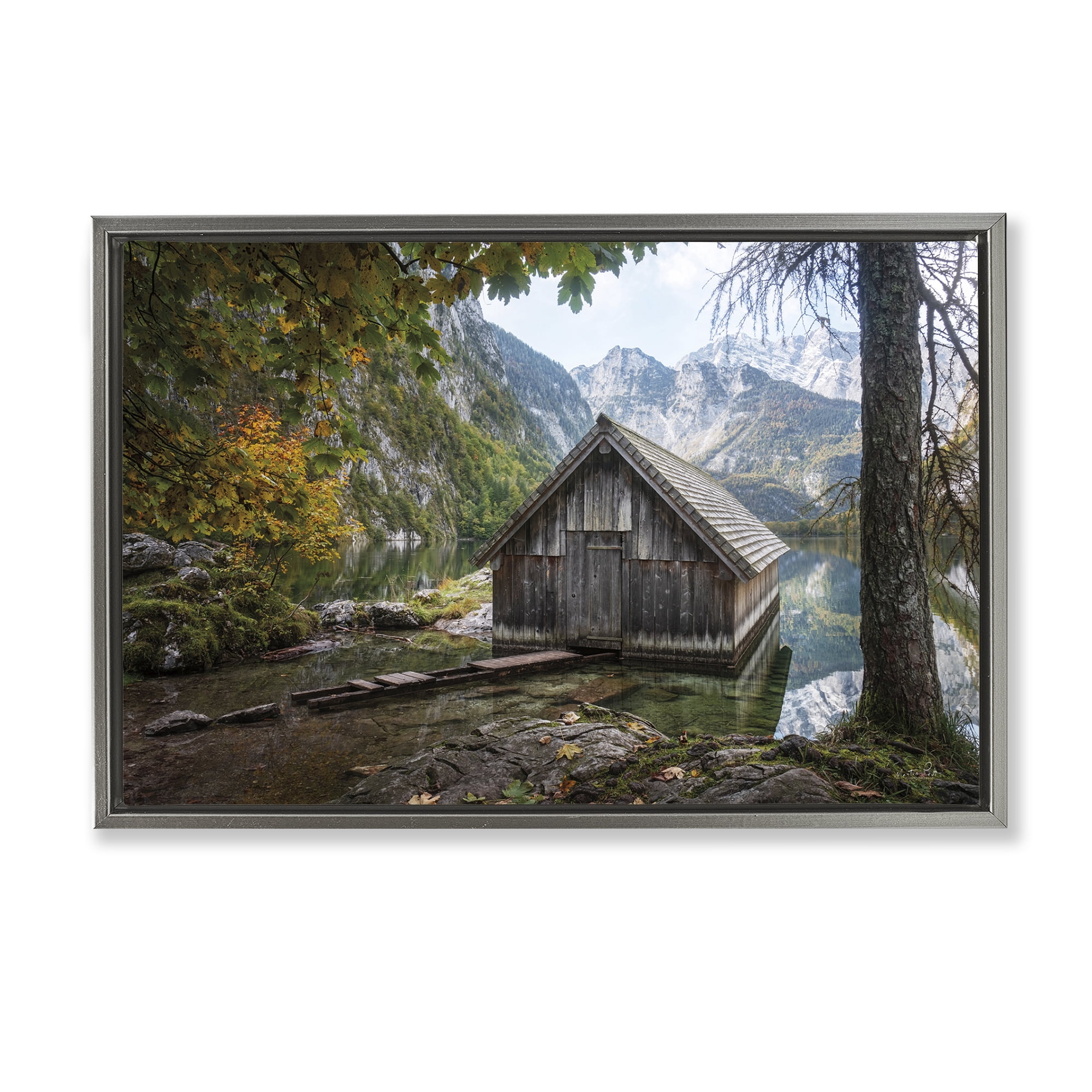 Stupell Industries Mystical Cabin on Lake Landscape & Nature Photography Gray Floater Framed Canvas Art Print Wall Art, 25 x 17