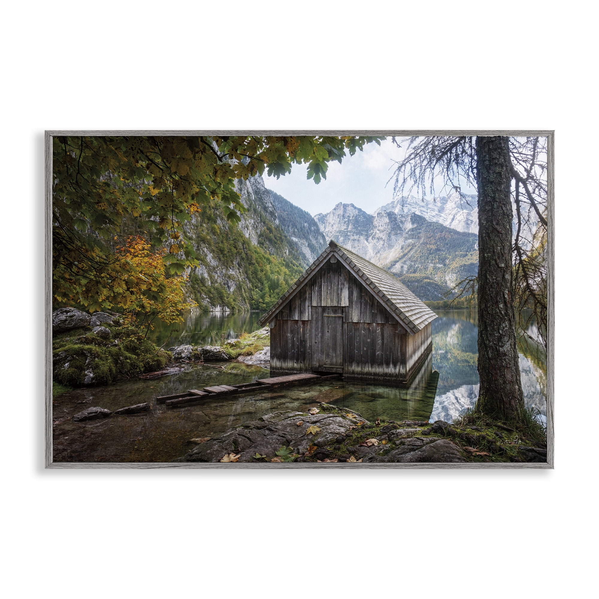 Stupell Industries Mystical Cabin on Lake Landscape & Nature Photography Gray Framed Art Print Wall Art, 18 x 12