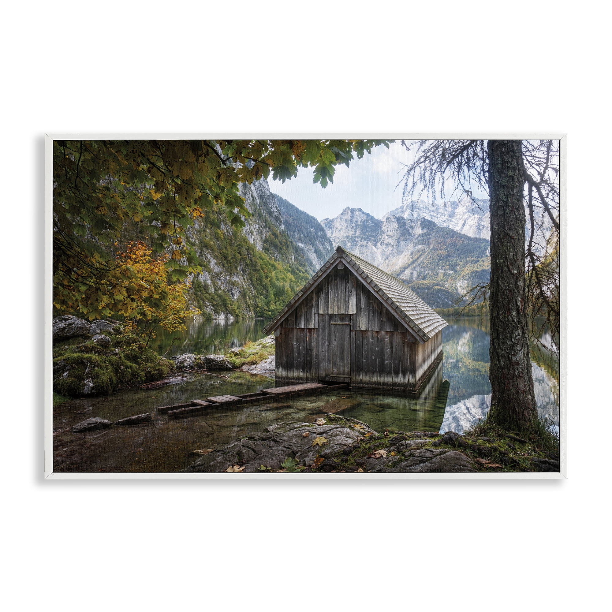 Stupell Industries Mystical Cabin on Lake Landscape & Nature Photography White Framed Art Print Wall Art, 18 x 12
