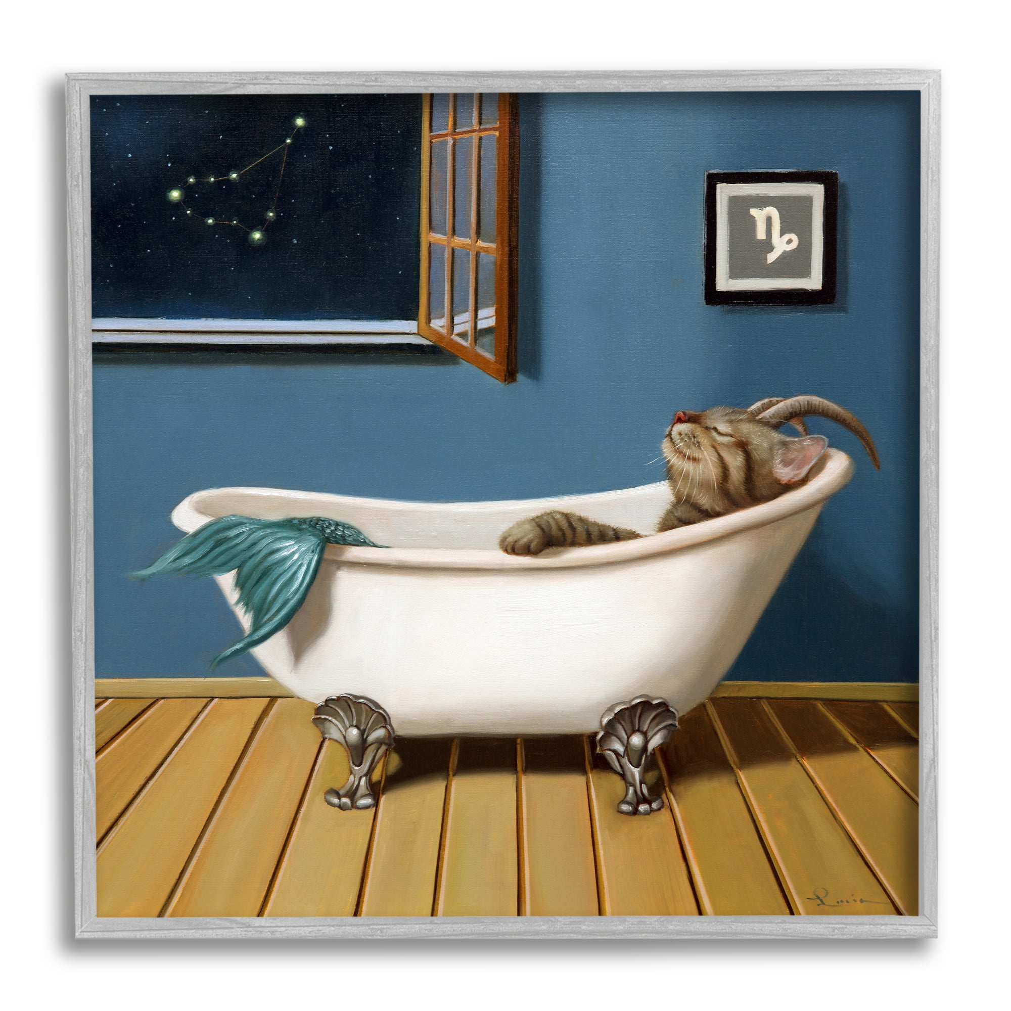Gray Framed Cat Mermaid Astrology Canvas Print, 17 x 17