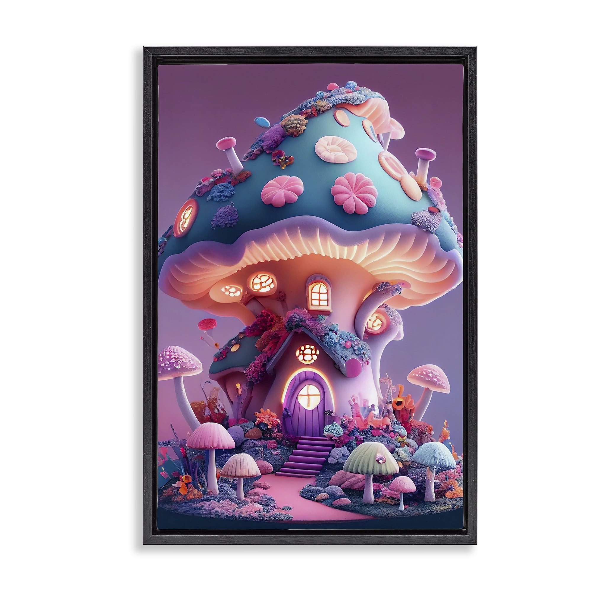 Stupell Industries Mystical Forest Mushroom Town & City Painting Black Floater Framed Art Print Wall Art, 17 x 25