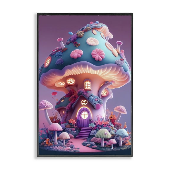 Stupell Industries Mystical Forest Mushroom Town & City Painting Black Framed Art Print Wall Art, 12 x 18