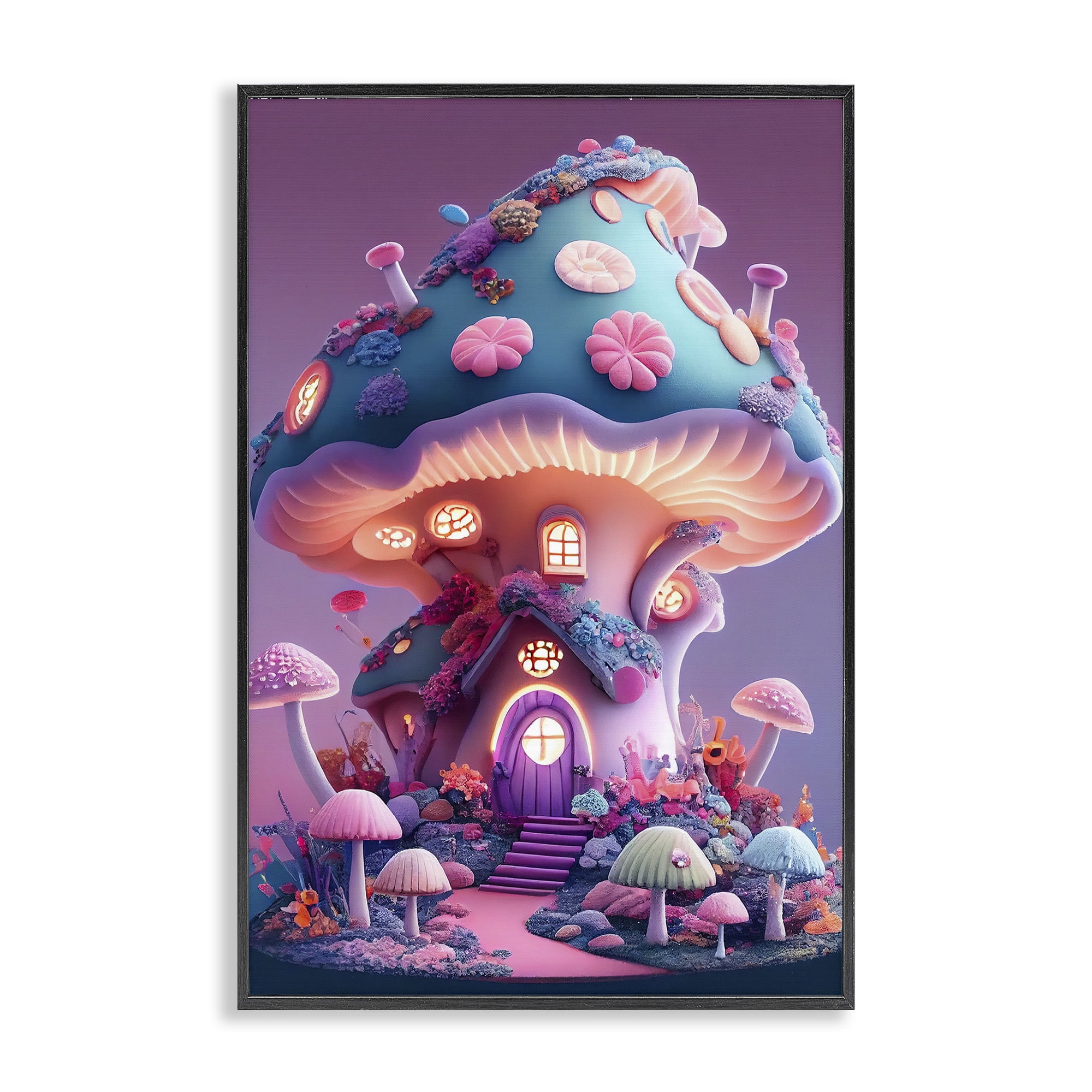 Stupell Industries Mystical Forest Mushroom Town & City Painting Black Framed Art Print Wall Art, 16 x 24