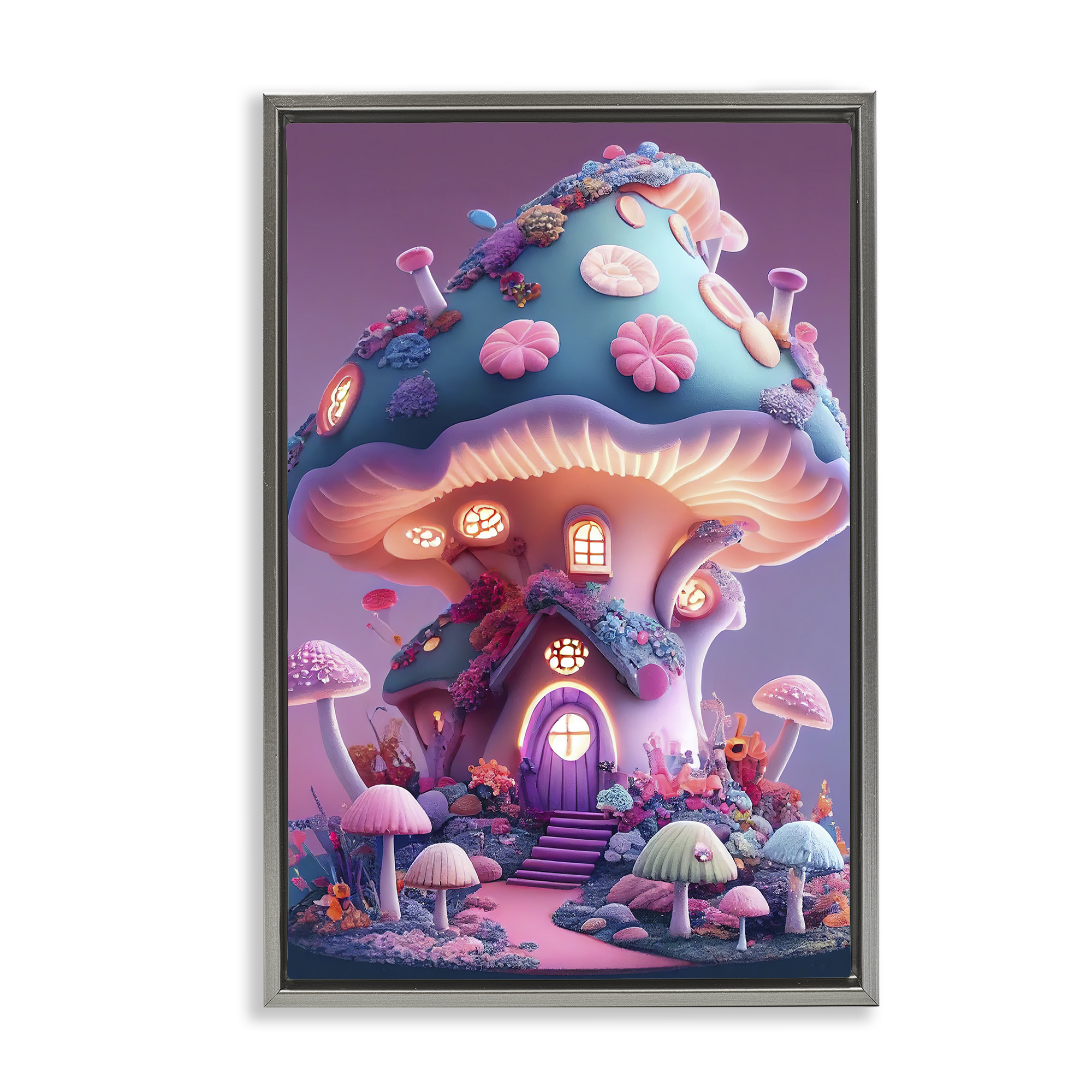 Stupell Industries Mystical Forest Mushroom Town & City Painting Gray Floater Framed Art Print Wall Art, 17 x 25