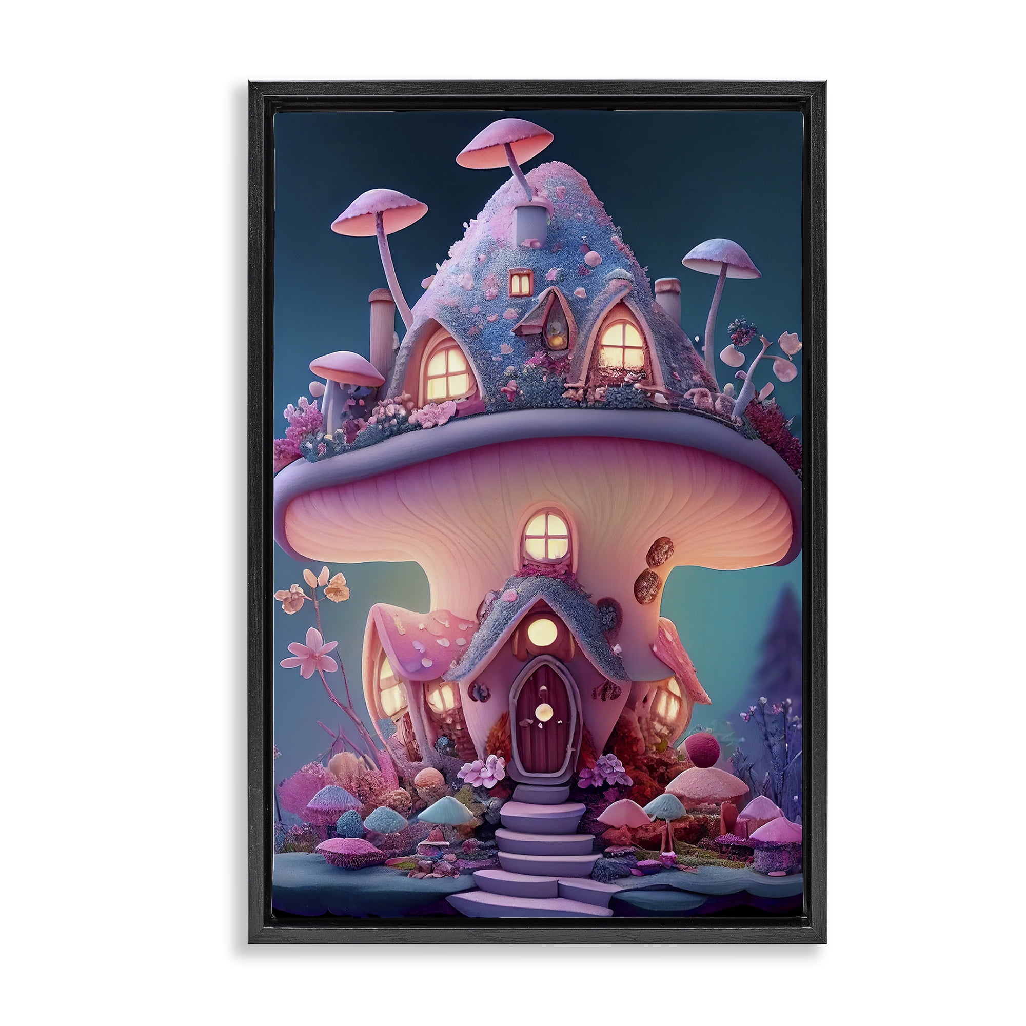 Stupell Industries Mystical Mushroom House Town & City Painting Black Floater Framed Art Print Wall Art, 17 x 25