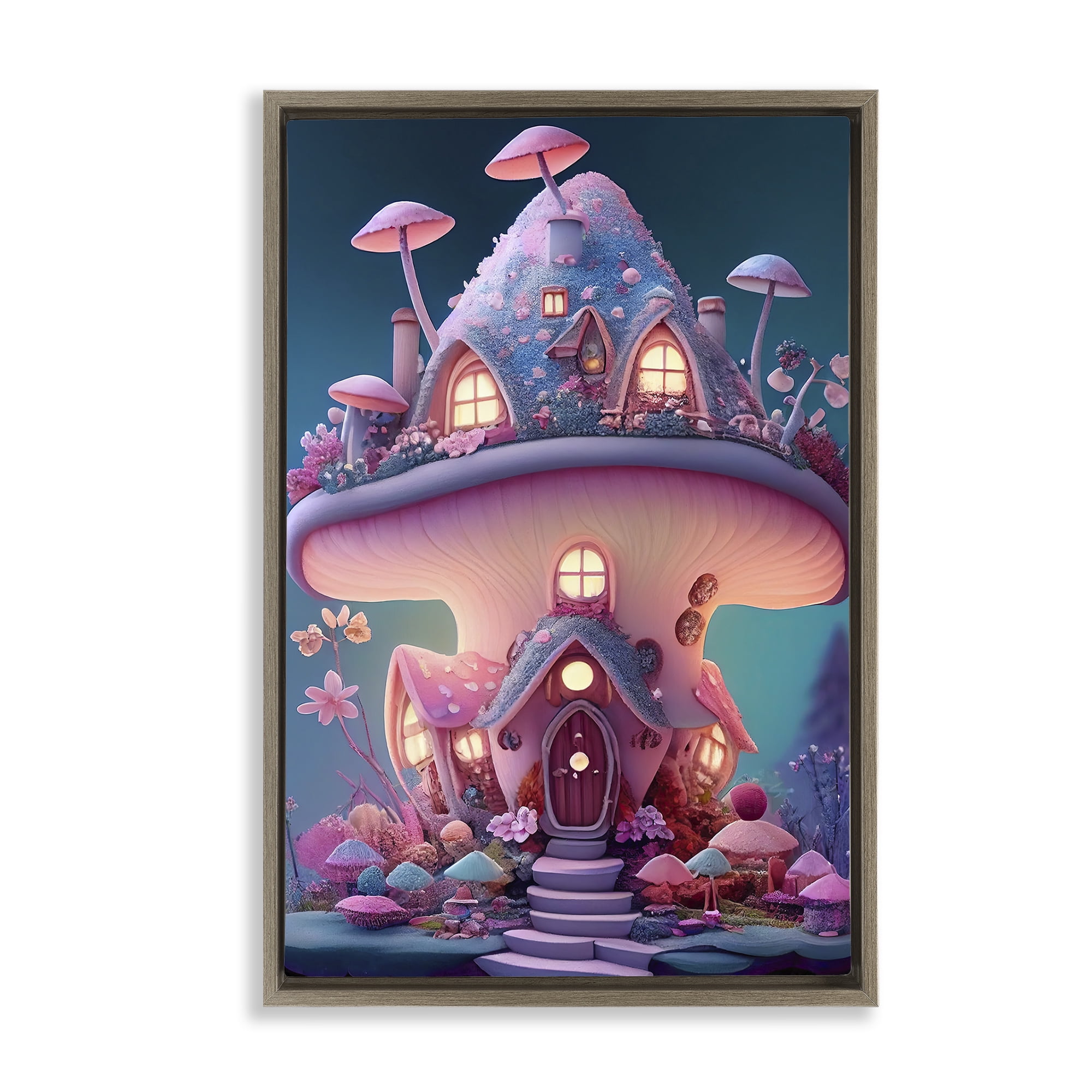 Stupell Industries Mystical Mushroom House Town & City Painting Brown Floater Framed Art Print Wall Art, 17 x 25
