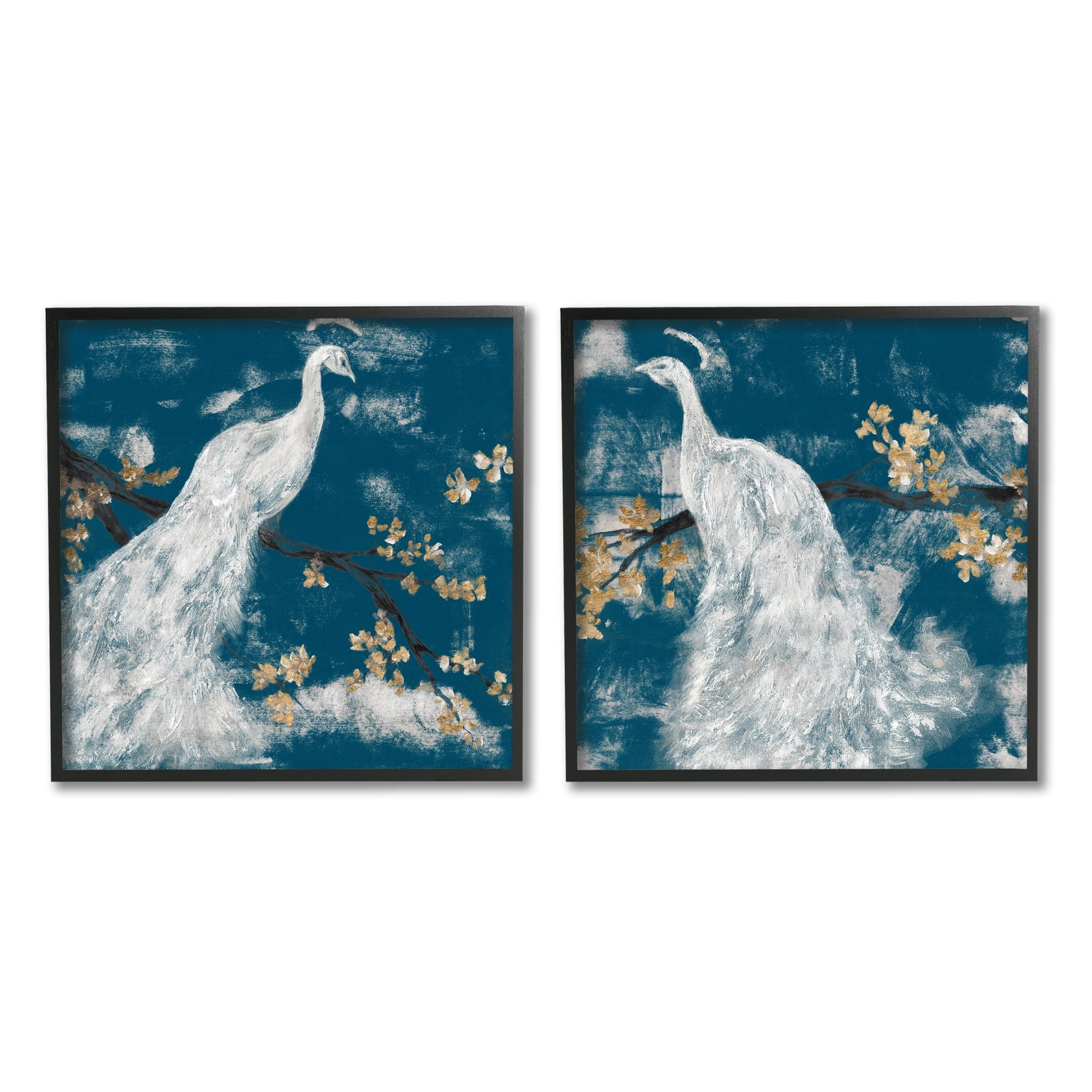 Stupell Industries Mystical Peacock Floral Tree Blossoms Indigo Sky Black Framed by Jennifer Goldberger