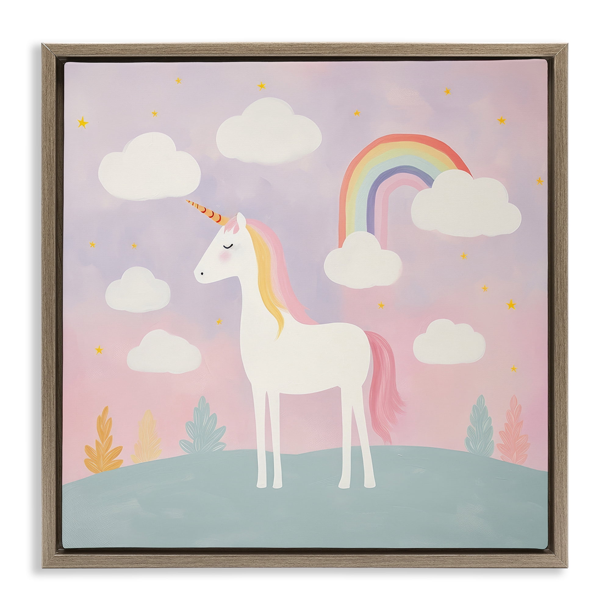 Stupell Industries Mystical Unicorn with Rainbow & Clouds Brown Framed Floater Canvas Wall Art, design by Lazar Studio