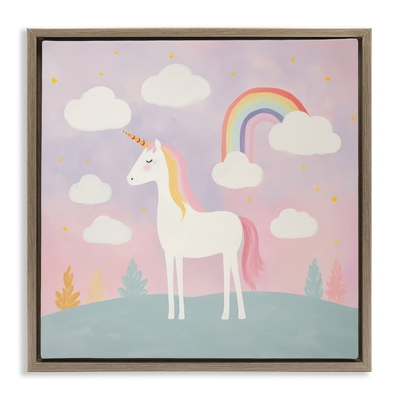 Stupell Industries Modern Mystical Unicorn with Rainbow & Clouds Brown Floating Frame Canvas Art, 25 x 25, by Lazar Studio