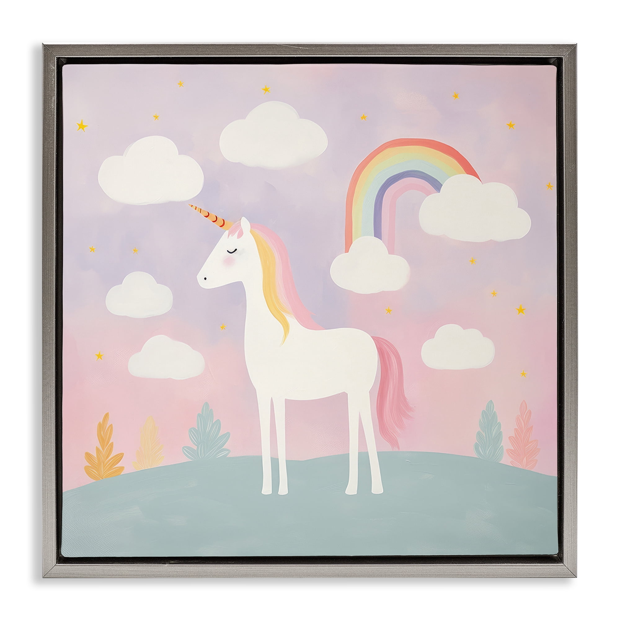 Stupell Industries Mystical Unicorn with Rainbow & Clouds Gray Framed Floater Canvas Wall Art, design by Lazar Studio