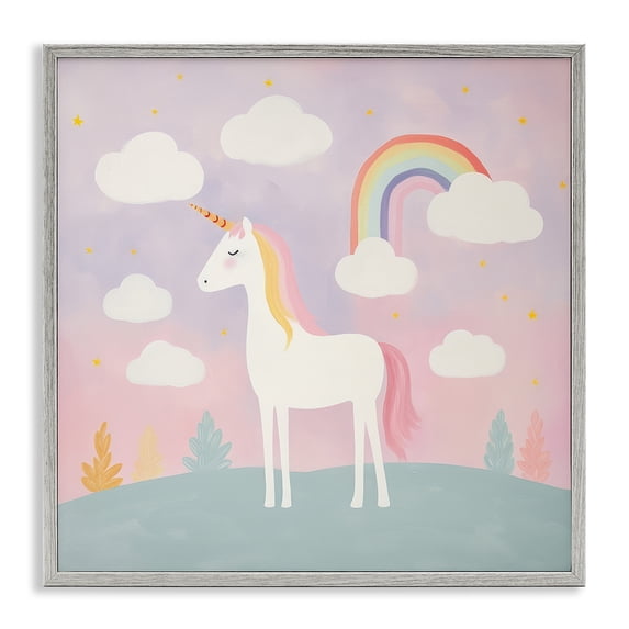 Stupell Industries Modern Mystical Unicorn with Rainbow & Clouds Gray Framed Giclee Art, 24 x 24, by Lazar Studio