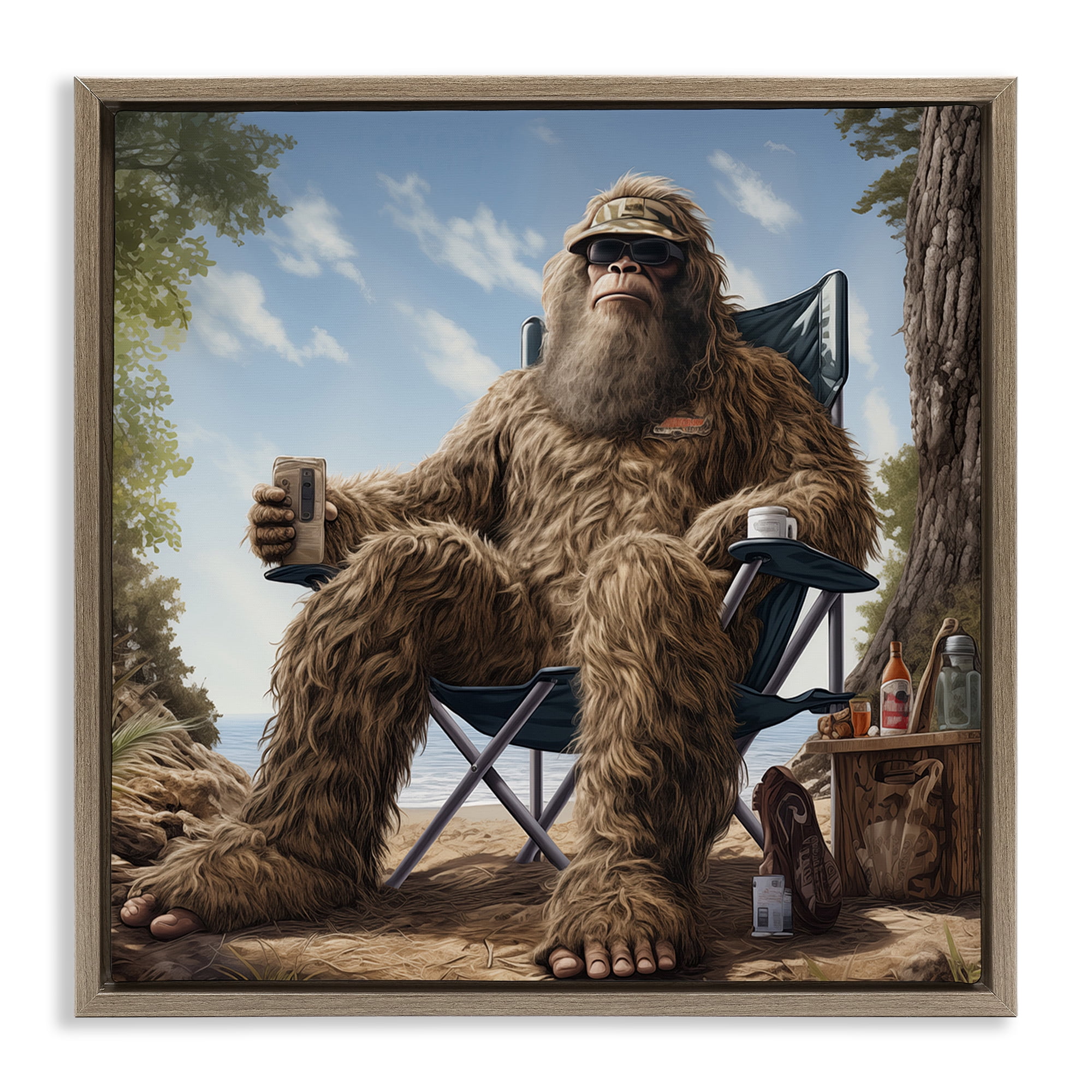 Stupell Industries Mythical Monster on Beach Fairy Tales & Fantasy Painting Brown Floater Framed Canvas Art Print Wall Art, 18 x 18