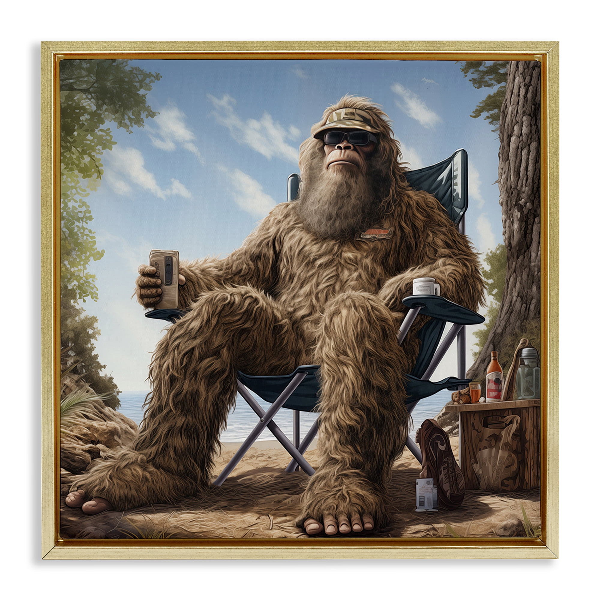 Stupell Industries Mythical Monster on Beach Fairy Tales & Fantasy Painting Gold Floater Framed Canvas Art Print Wall Art, 25 x 25