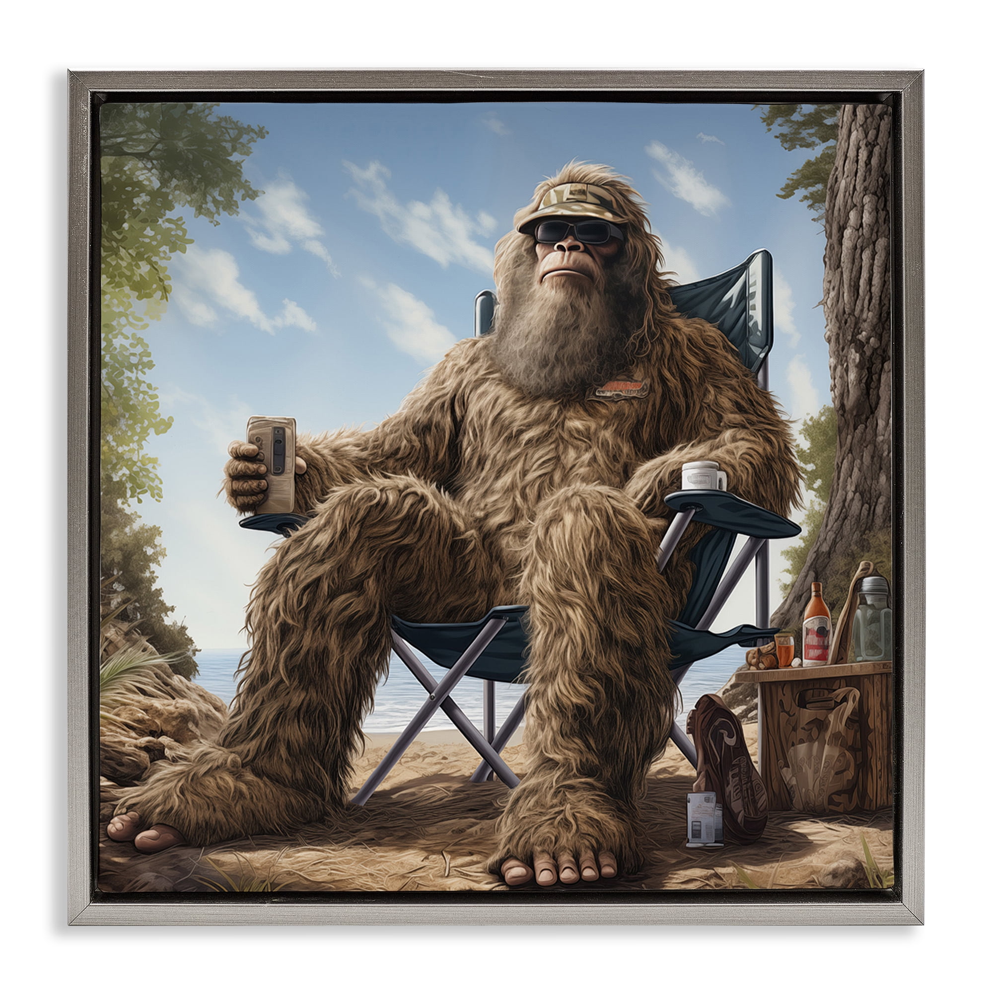 Stupell Industries Mythical Monster on Beach Fairy Tales & Fantasy Painting Gray Floater Framed Canvas Art Print Wall Art, 25 x 25