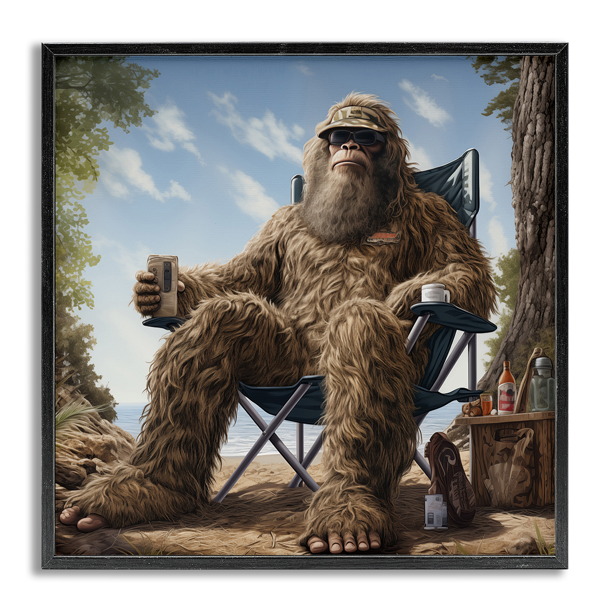 Stupell Industries Mythical Monster on Beach Fairy Tales & Fantasy Painting Gray Framed Art Print Wall Art, 24 x 24