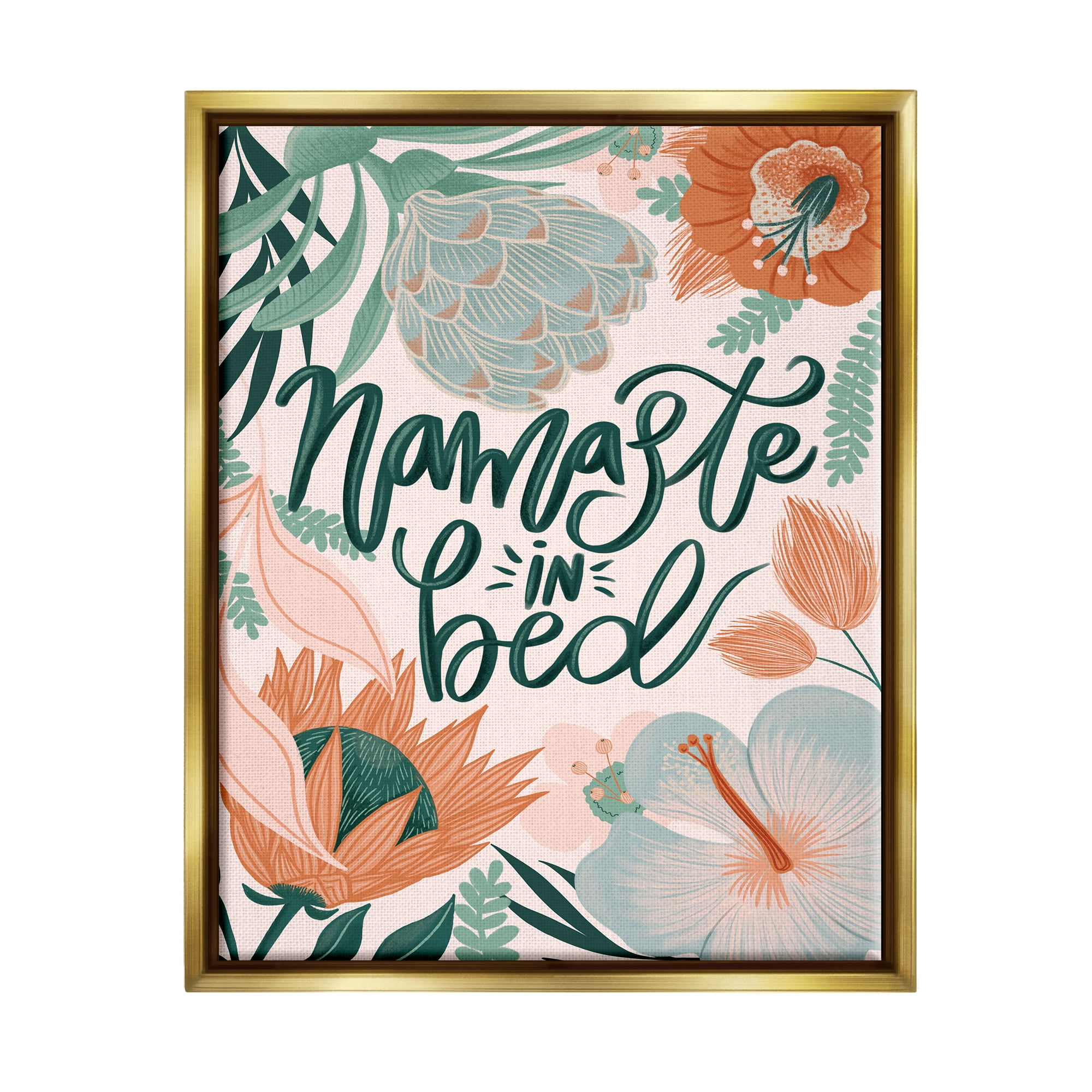 Stupell Industries Namaste In Bed Floral Botanical & Floral Painting Gold Floater Framed Art Print Wall Art, 17 x 21