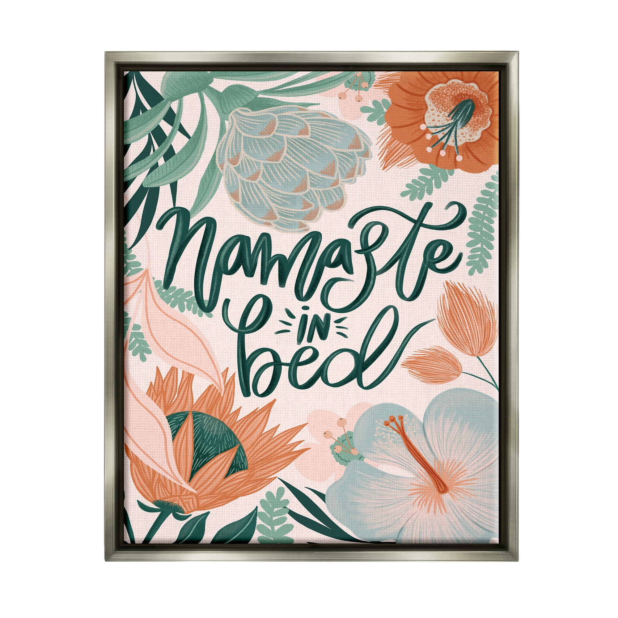 Stupell Industries Namaste In Bed Floral Botanical & Floral Painting Gray Floater Framed Art Print Wall Art, 17 x 21