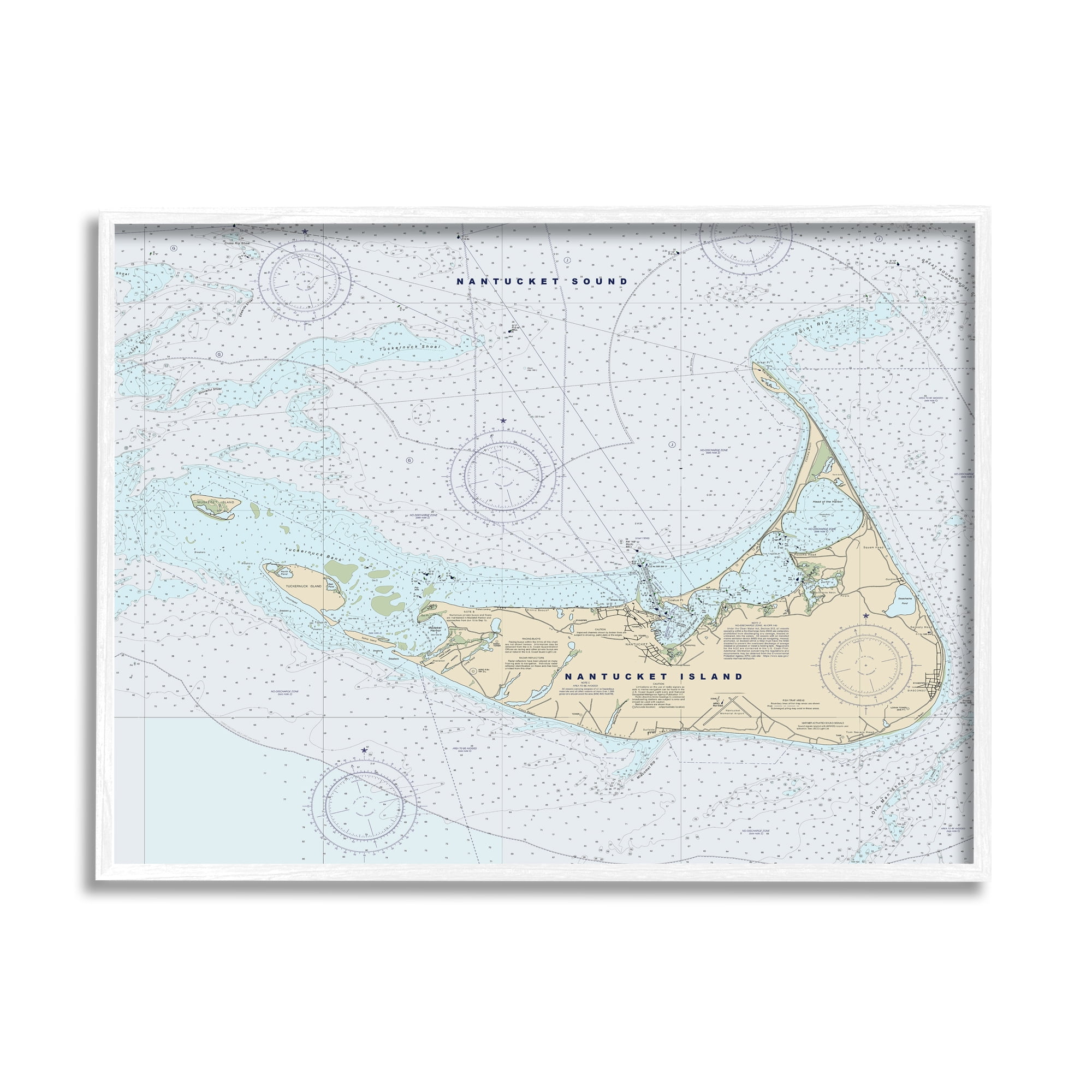 Stupell Industries Nantucket Island Coastal Massachusetts Traditional Nautical Map Vintage Painting White Framed Art Print Wall Art, 16 x 20, Design by Daphne Polselli