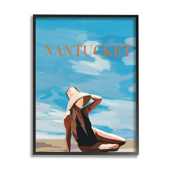 Stupell Industries Nantucket Summer Beach Girl Graphic Art Black Framed Art Print Wall Art, Design by Amelia Noyes