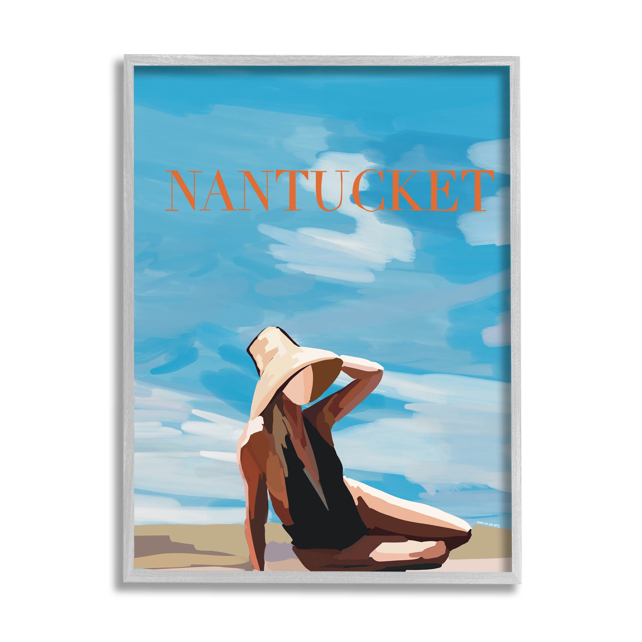 Stupell Industries Nantucket Summer Beach Girl Graphic Art Gray Framed Art Print Wall Art, Design by Amelia Noyes