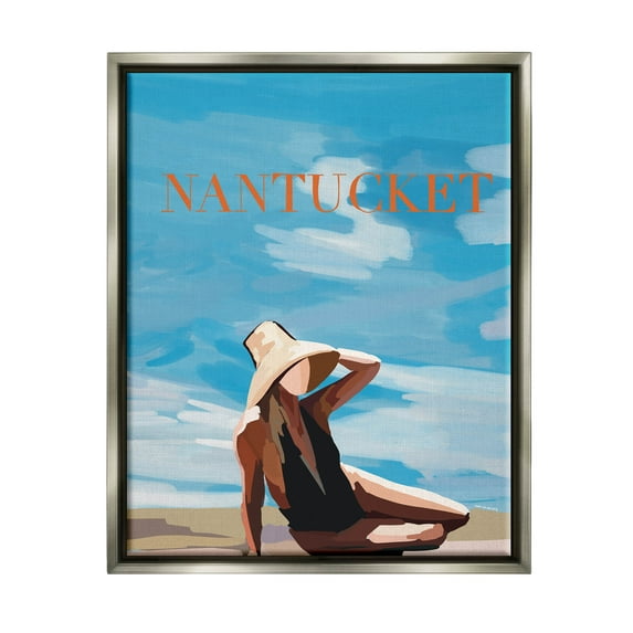 Stupell Industries Nantucket Summer Beach Girl Graphic Art Luster Gray Floating Framed Canvas Print Wall Art, Design by Amelia Noyes