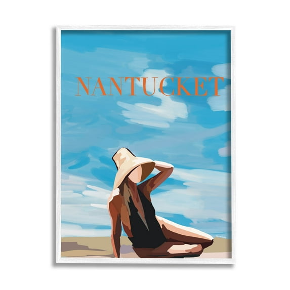 Stupell Industries Nantucket Summer Beach Girl Graphic Art White Framed Art Print Wall Art, Design by Amelia Noyes