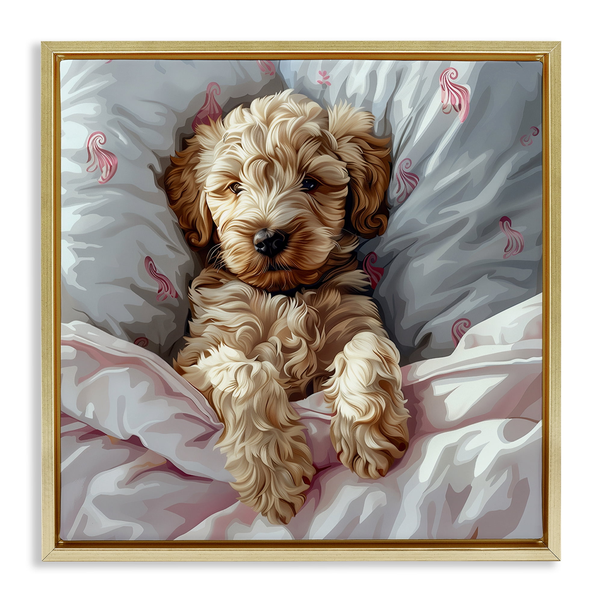 Stupell Industries Nap Time Cuddling Labradoodle Animals Painting Gold Floater Framed Canvas Art Print Wall Art, 18 x 18