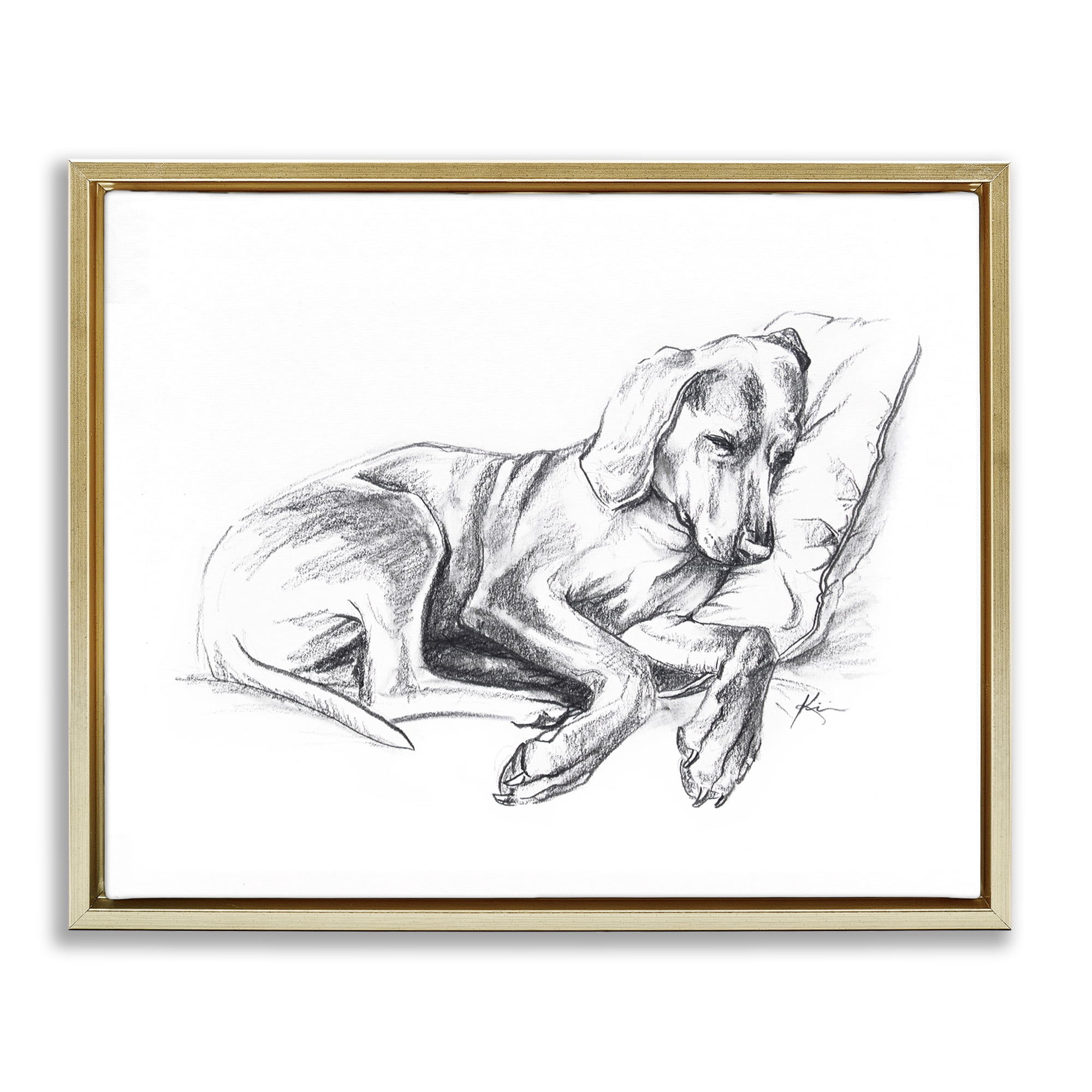 Stupell Industries Napping Dog Drawing Animals Drawing Gold Floater Framed Canvas Art Print Wall Art, 21 x 17