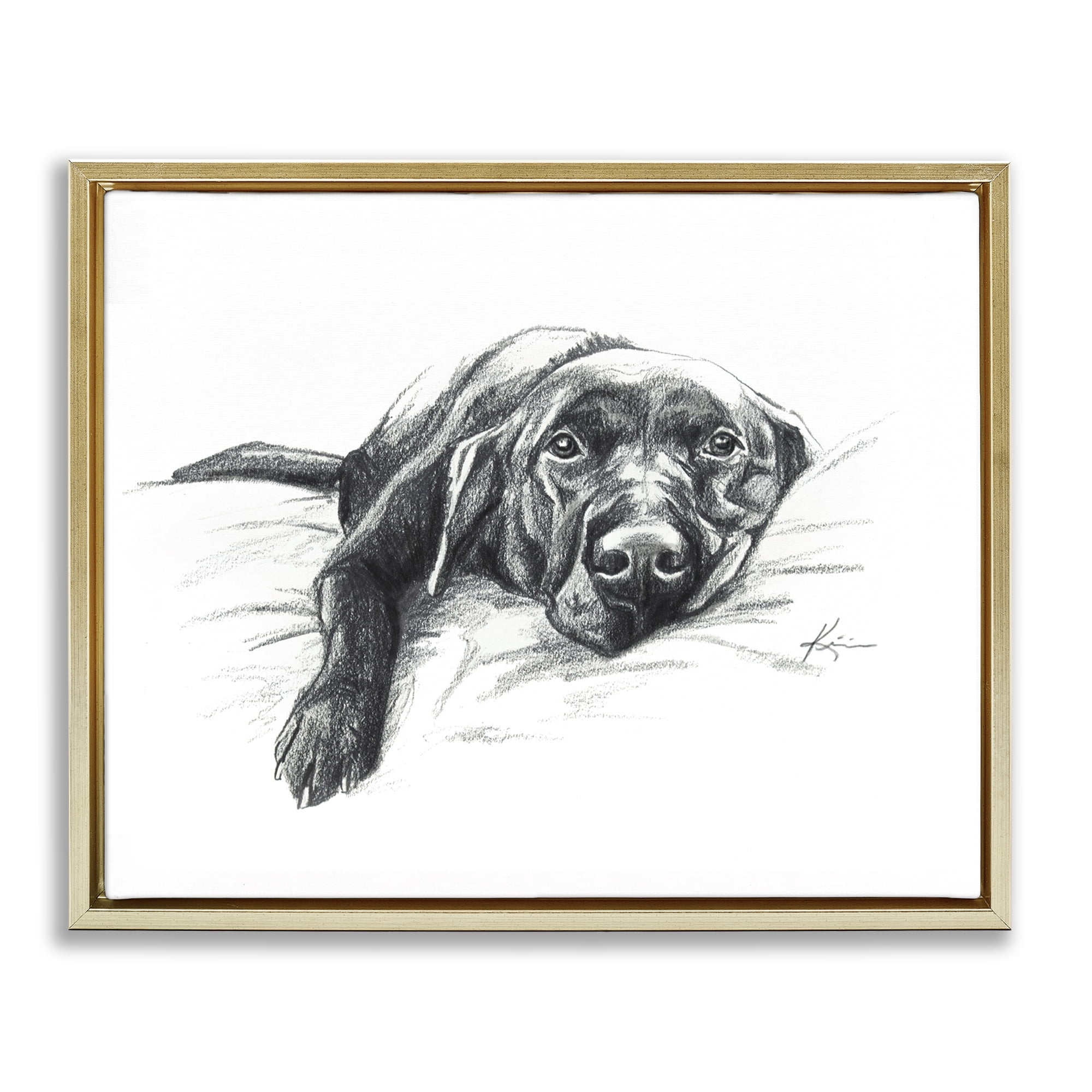 Stupell Industries Naptime Black Labrador Animals Drawing Gold Floater Framed Canvas Art Print Wall Art, 31 x 25