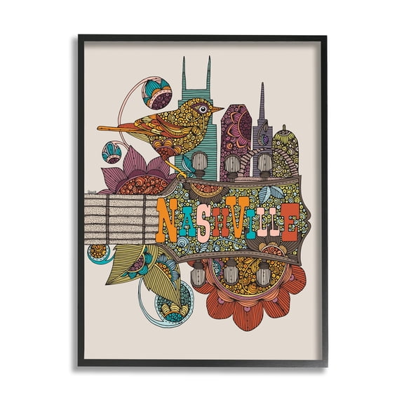 Stupell Industries Nashville Music City Bird Detailed Floral Patterns Graphic Art Black Framed Art Print Wall Art, Design by Valentina Harper