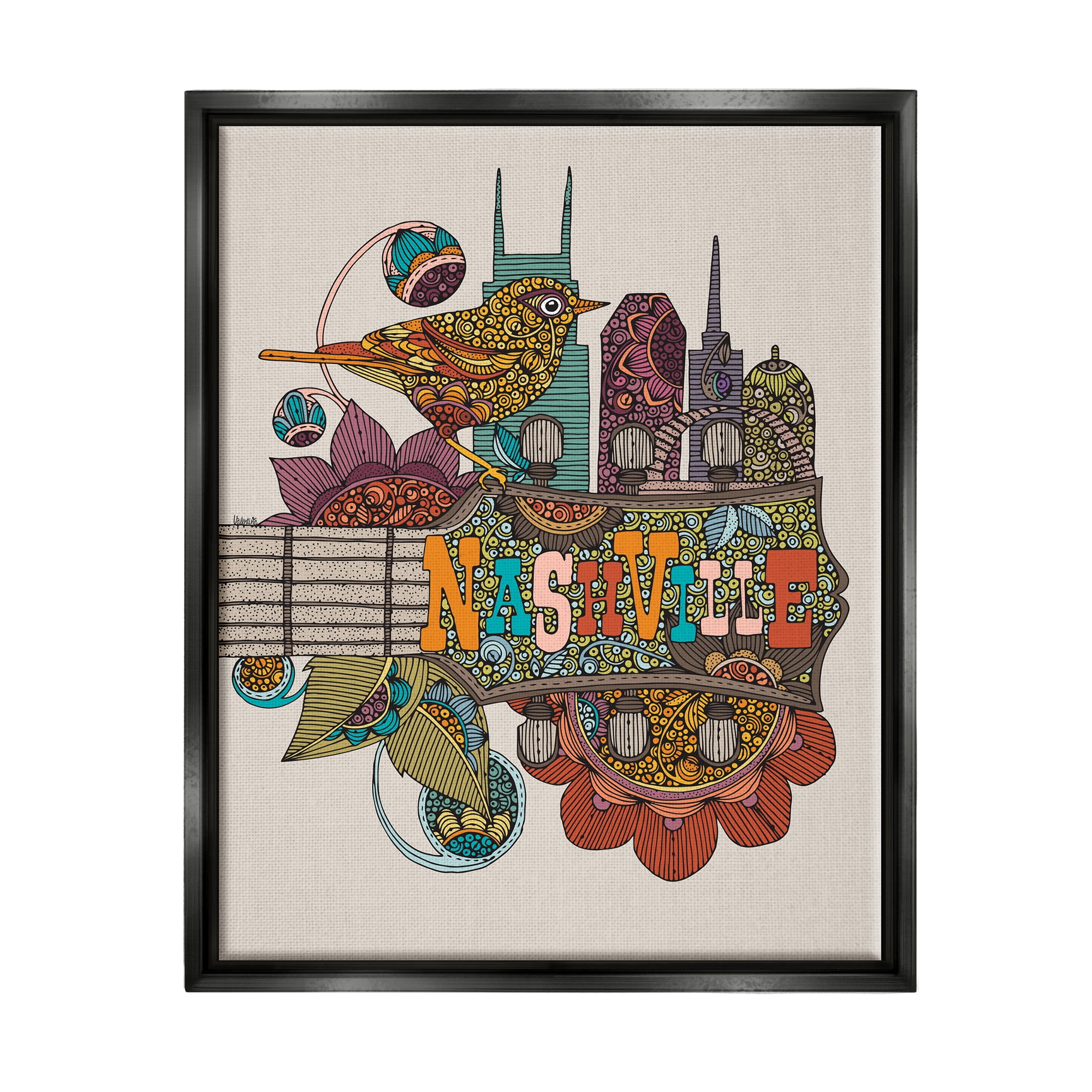 Stupell Industries Nashville Music City Bird Detailed Floral Patterns Graphic Art Jet Black Floating Framed Canvas Print Wall Art, Design by Valentina Harper