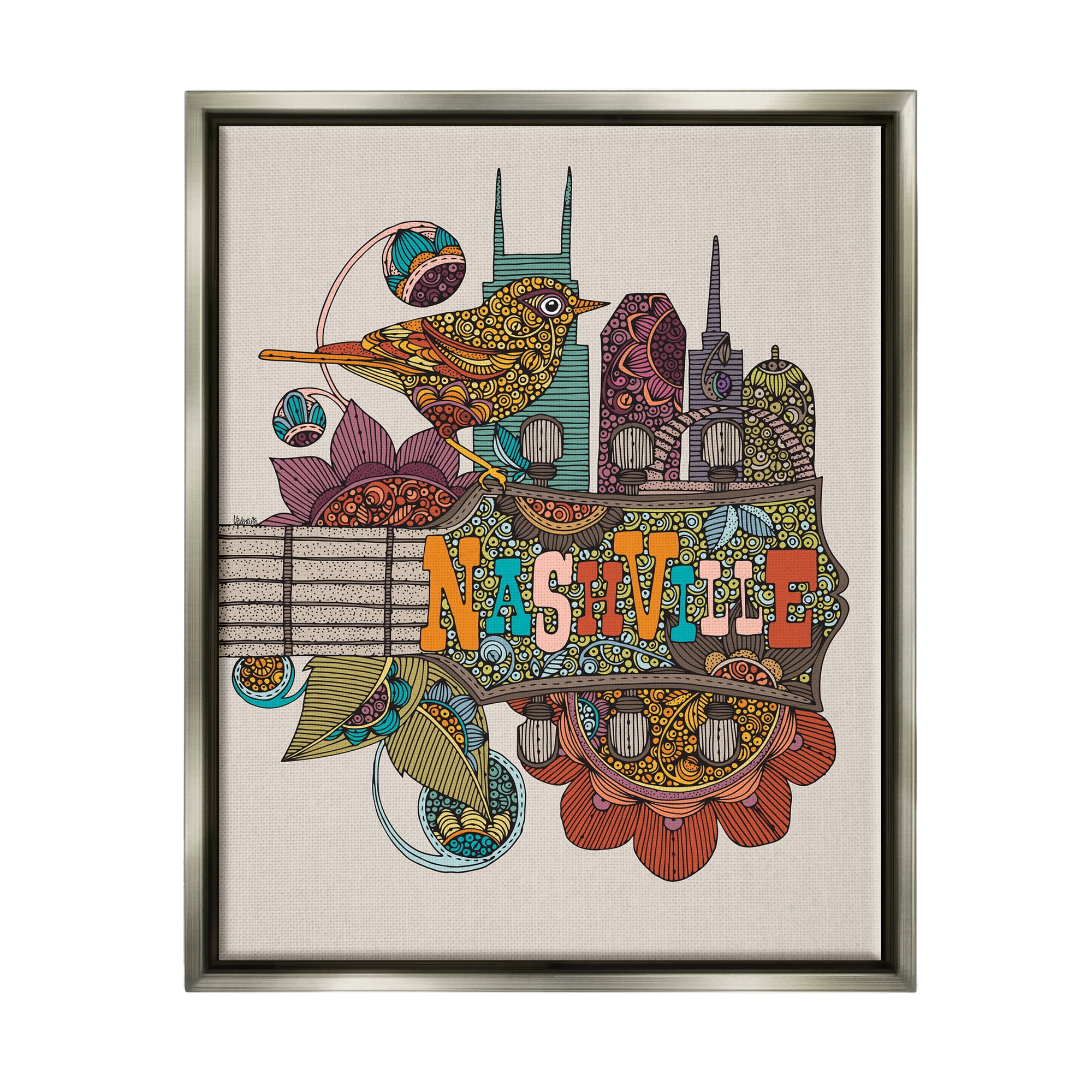 Stupell Industries Nashville Music City Bird Detailed Floral Patterns Graphic Art Luster Gray Floating Framed Canvas Print Wall Art, Design by Valentina Harper