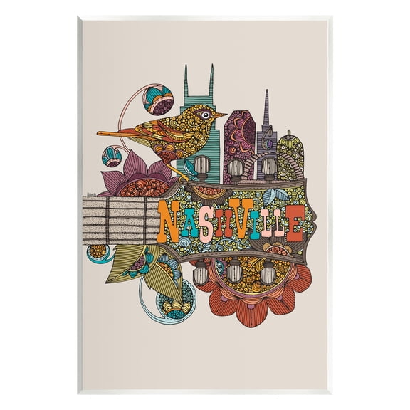 Stupell Industries Nashville Music City Bird Detailed Floral Patterns Graphic Art Unframed Art Print Wall Art, Design by Valentina Harper