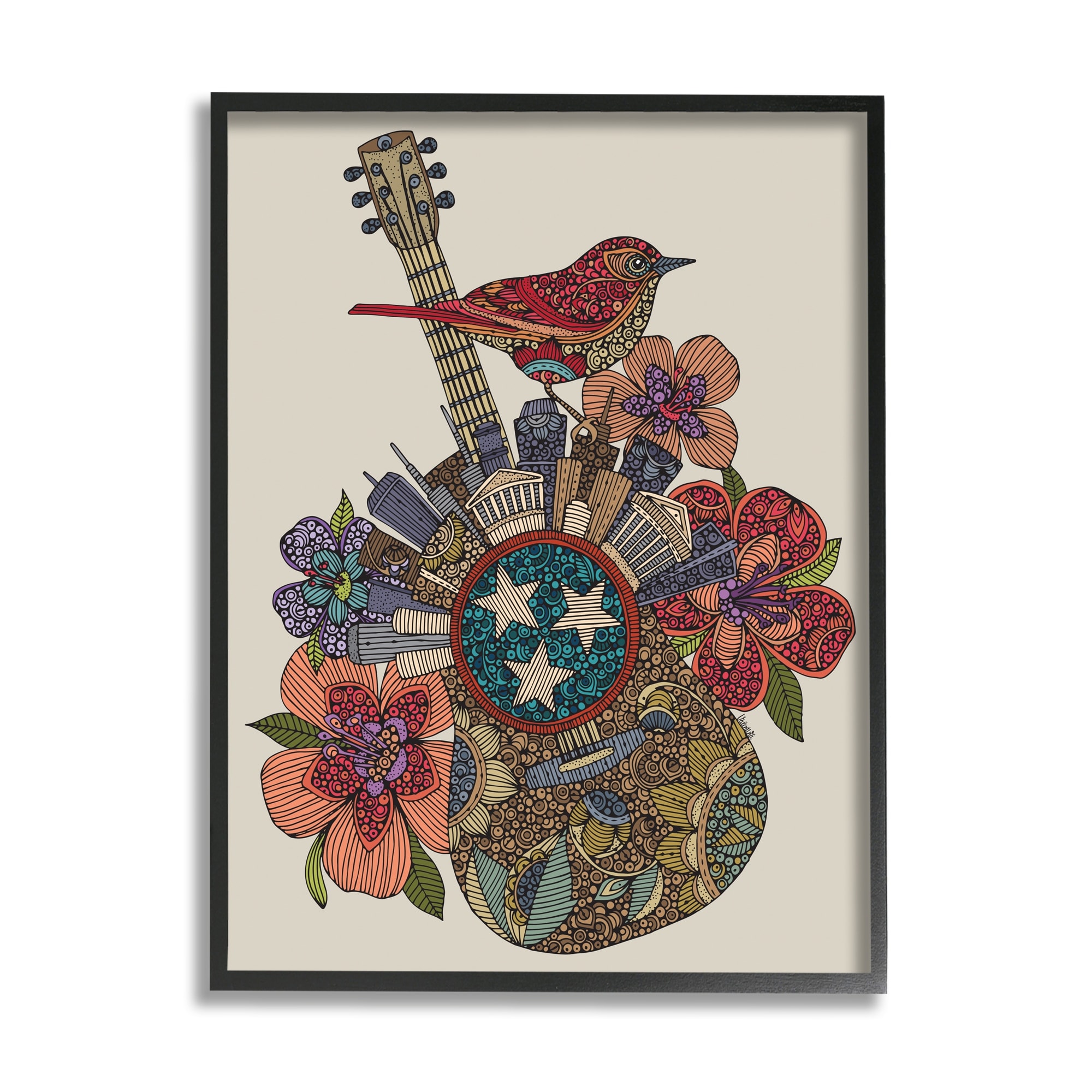 Stupell Industries Nashville Music City Detailed Floral Pattern Guitar Graphic Art Black Framed Art Print Wall Art, Design by Valentina Harper