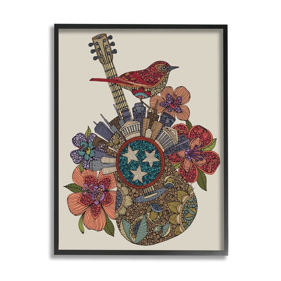 Stupell Industries Nashville Music City Detailed Floral Pattern Guitar Graphic Art Black Framed Art Print Wall Art, Design by Valentina Harper