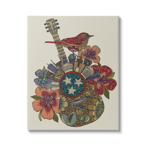 Stupell Industries Nashville Music City Detailed Floral Pattern Guitar Graphic Art Gallery Wrapped Canvas Print Wall Art, Design by Valentina Harper