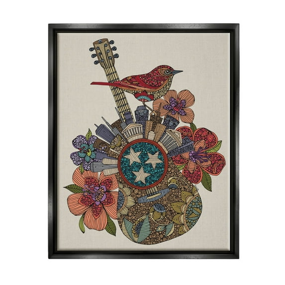 Stupell Industries Nashville Music City Detailed Floral Pattern Guitar Graphic Art Jet Black Floating Framed Canvas Print Wall Art, Design by Valentina Harper