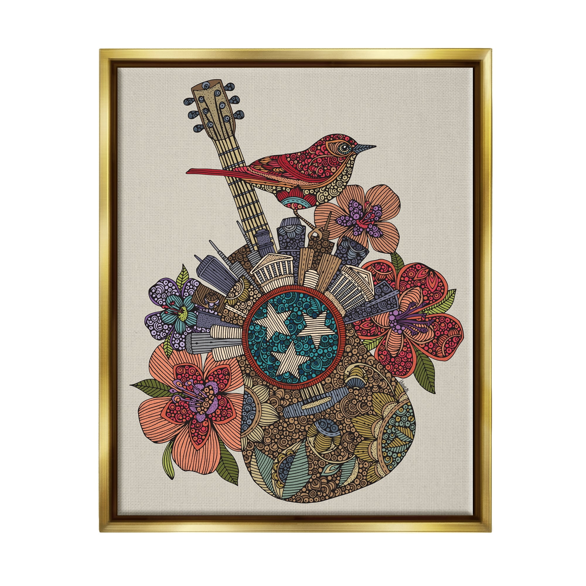 Stupell Industries Nashville Music City Detailed Floral Pattern Guitar Graphic Art Metallic Gold Floating Framed Canvas Print Wall Art, Design by Valentina Harper