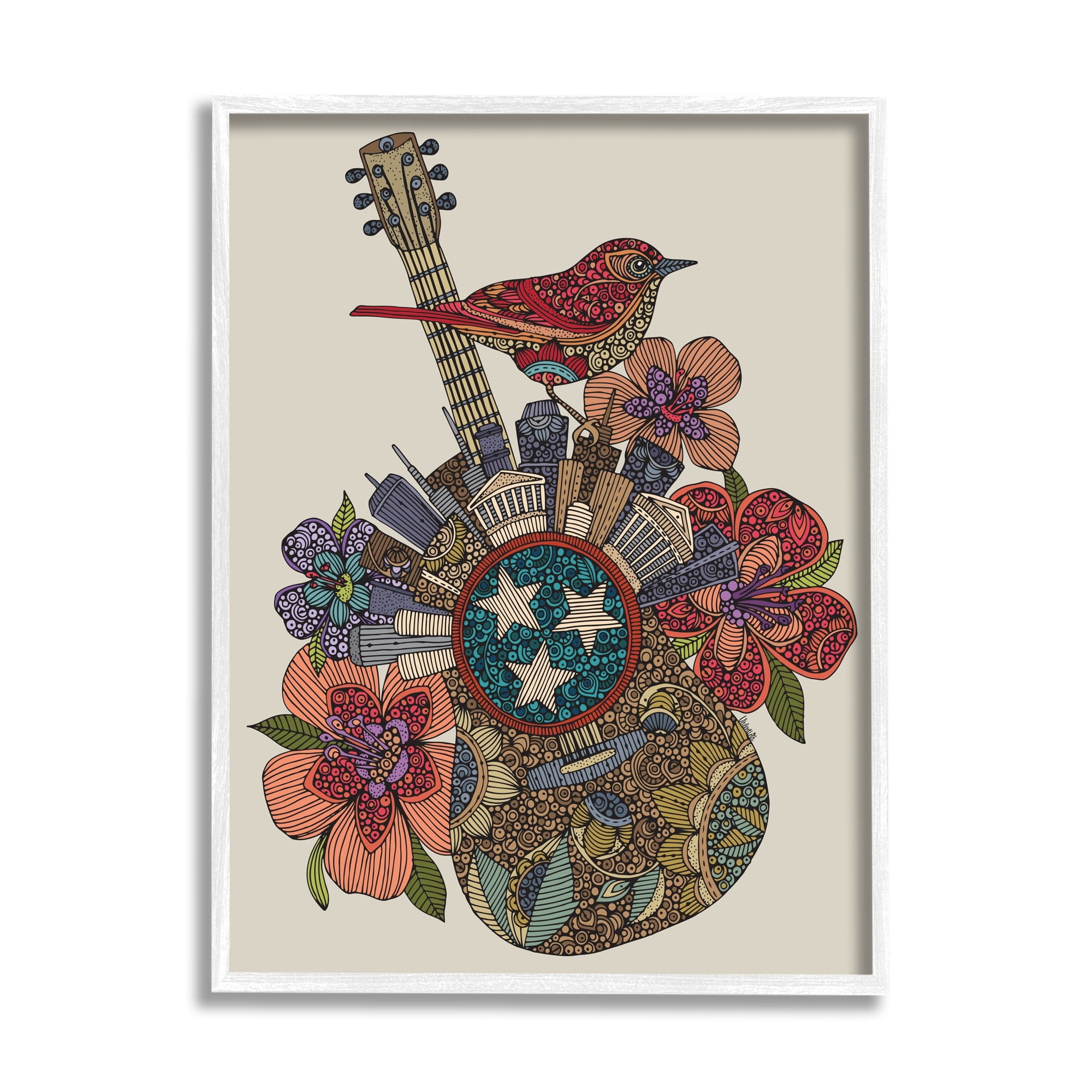 Stupell Industries Nashville Music City Detailed Floral Pattern Guitar Graphic Art White Framed Art Print Wall Art, Design by Valentina Harper
