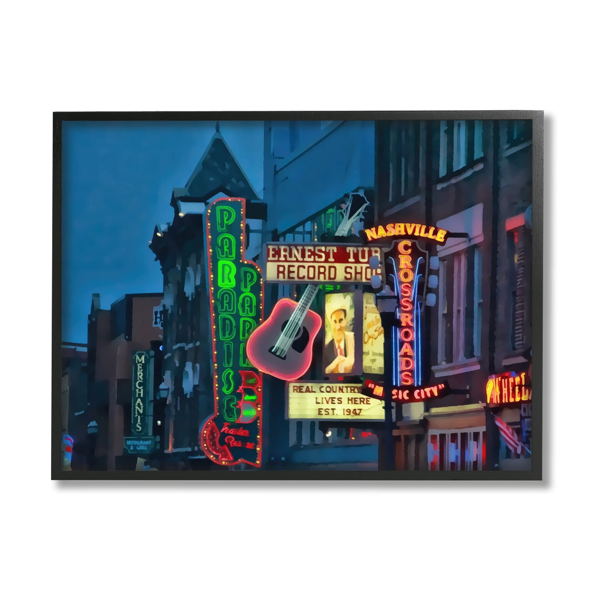 Stupell Industries Nashville Music Night Scene Southern Urban Architecture Paintings Black Framed Art Print Wall Art, 20x16, by Daniel Sproul